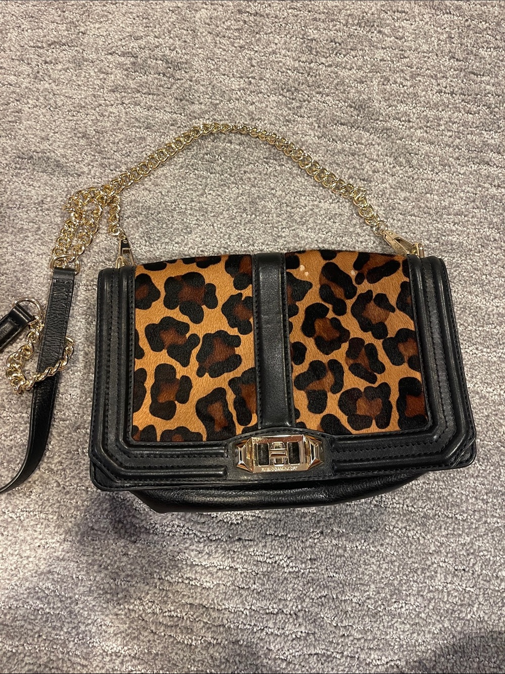 Rebecca Minkoff Leopard-Print Crossbody in Black and Brown with Gold Chain